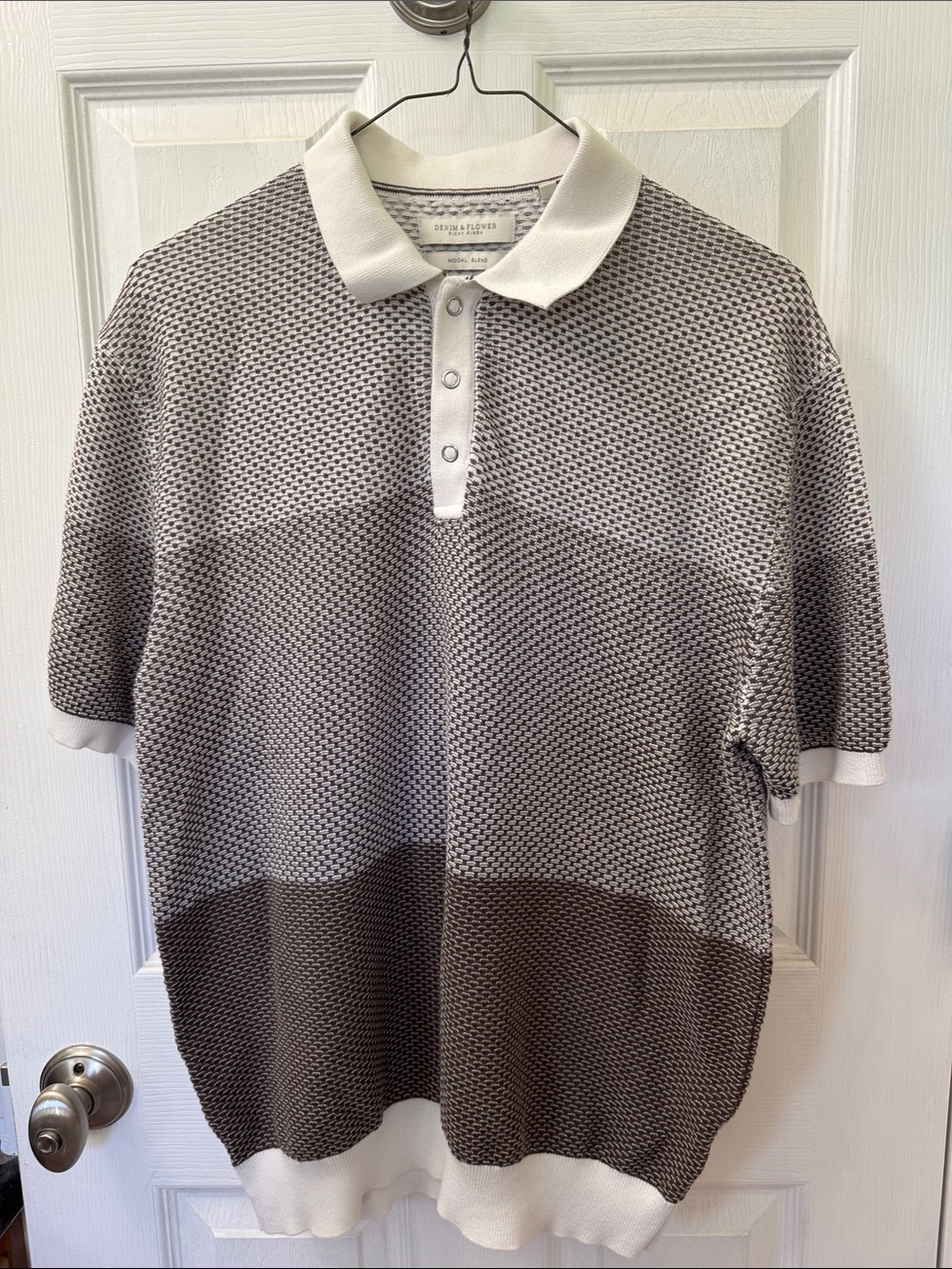 Denim & Flower Two-Tone Knit Polo in Cream and Brown
